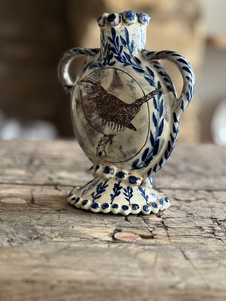 Blue Tit and Wren Vase